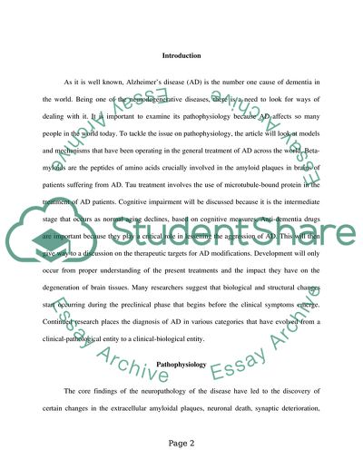 The Pathophysiological Treatments of Alzheimers Disease