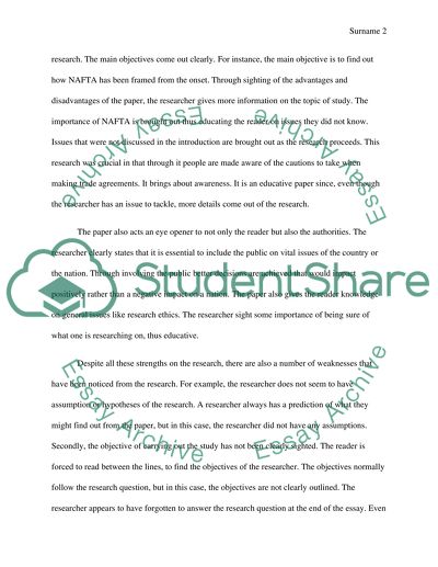 Strength and weaknesses of Patrick Studarts, Framing of NAFTA