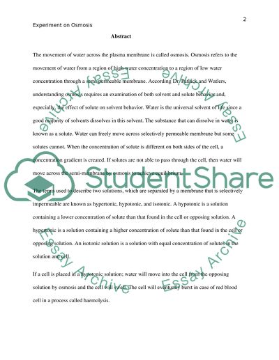 Membranes Experiment On Osmosis Hypertonic Isotonic Hypotonic Research Paper