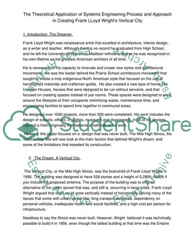 The Theoretical Application of Systems Engineering Process in Creating Frank LLoyd Wrights Vertical City