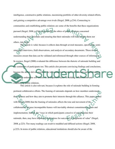 Analysis of Rationale Construction in an Inter-organisational Collaboration Article by Siegel