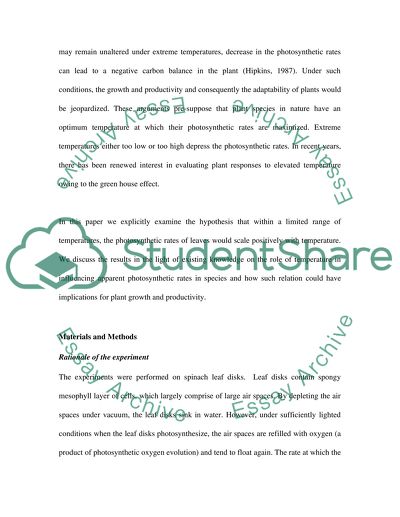 Influence of Temperature on the Photosynthetic Rate of Leaf Disks