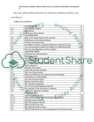 Financial Crisis - Living Will in the Investment Banking