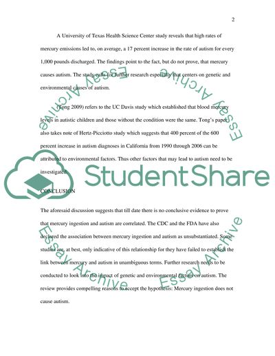 Does the Ingestion of Mercury Cause Autism