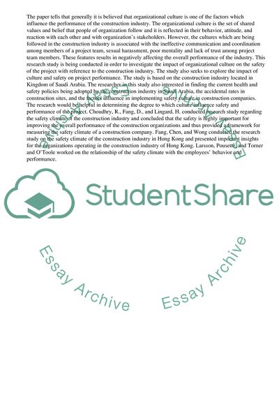 How organisational culture and safety influence on project performance in organisations