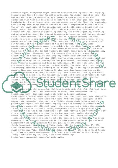 Organizational Resources and Capabilities: Applying Concepts and Tools