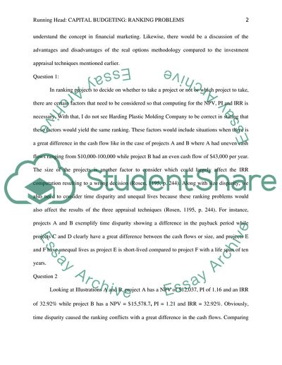 Capital Budgeting: Ranking Problems Presented in the Harding Plastic Molding Company