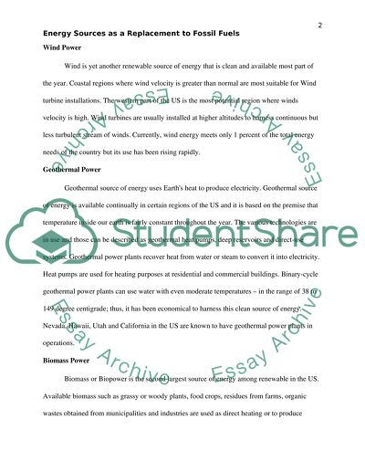 Energy Sources as a Replacement to Fossil Fuels