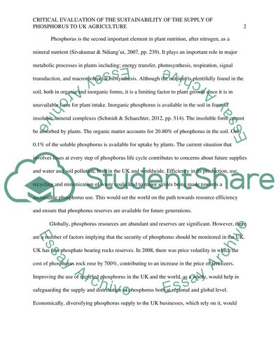 Critically evaluate the sustainability of the supply of phosphorus to UK agriculture