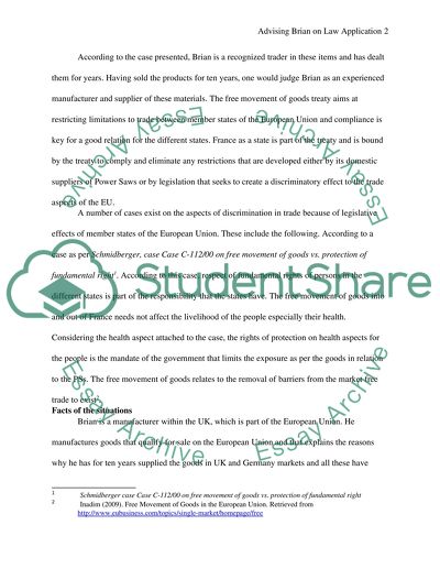 Advise Brian as to the Application of EU Law on the Free Movement of Goods to This Situation