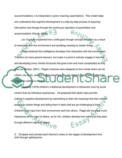 Describe and contrast the stages of cognitive development and intelligence from the perspective of more than one theorist (e.g., Piaget, Vygotsky) for children and adolescents
