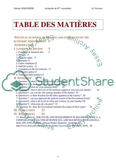Political Economy of Malawi and Its Effects on the Economic Performance