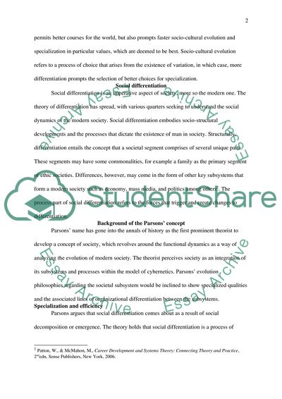 Differentiation and Specialization in Parsons Theory of the Evolution