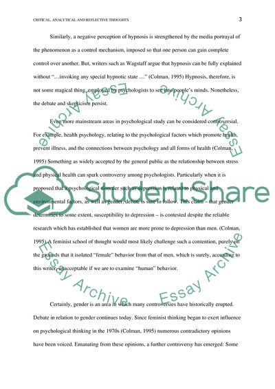 Critical, Analytical and Reflective Thoughts: A Personal Role in the Field of Psychology