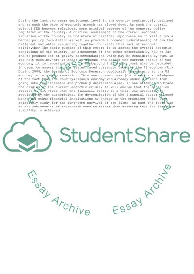 Assessment of the Current Economic Condition in the USA