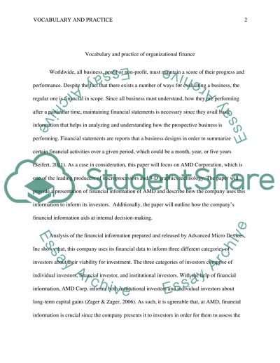 Vocabulary and Practice of Organizational Finance