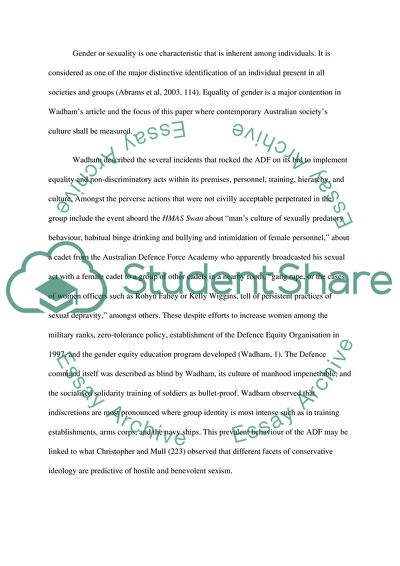 The Culture That Exists in the Australian Defence Force and the Contemporary Australian Society