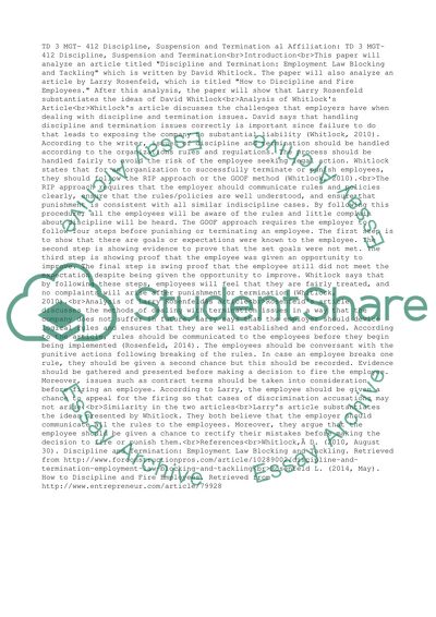 TD 3 MGT- 412 Discipline, Suspension and Termination
