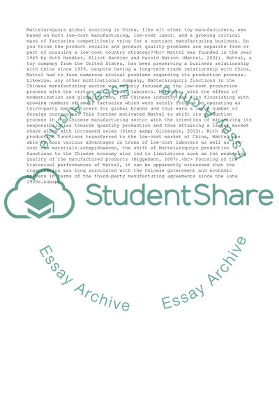 Mattelss Chines Sourcing Crisis of 2007