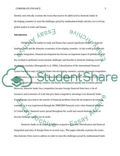 Corporate Finance - Issues to Be Addressed by Domestic Banks