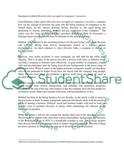 Summary of article Diversity does not apply to companies executives