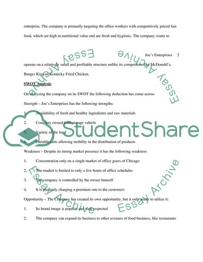 Business Strategy of Joes Enterprises for Fast Food Inc