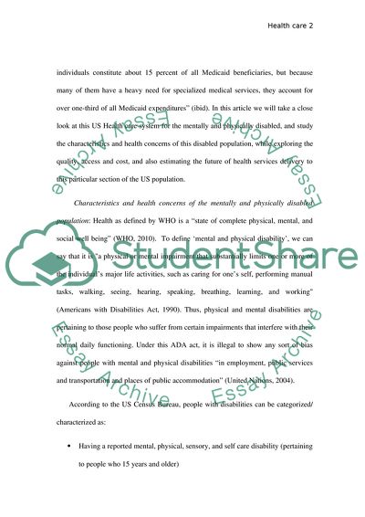 US Health Care System for the Mentally and Physically Disabled