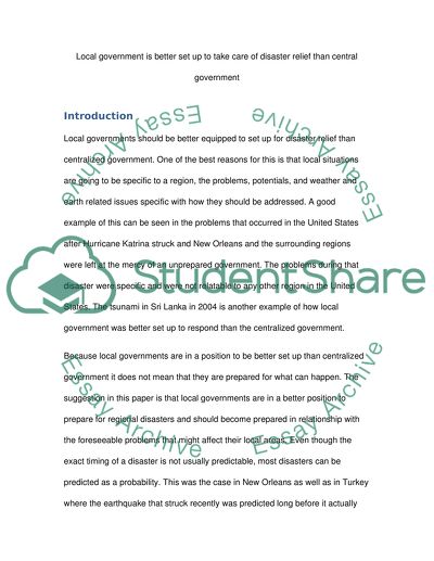 Local government is better set up to take care of disaster relief than central governement