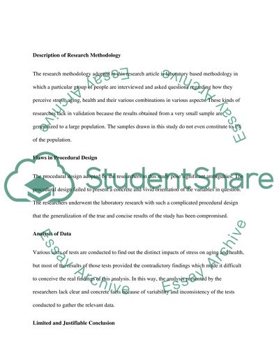 Article Review for the article: Effects of Stress on Health and Aging Two Paradoxes