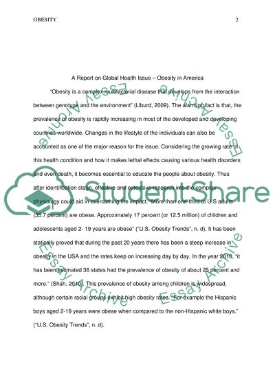 A Report on Global Health Issue Obesity in America