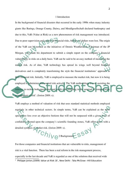 Utilization of VaR Framework in Risk Management