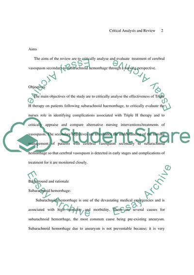 Nursing care and treatment of cerebral vasospasm following subarachnoid haemorrhage