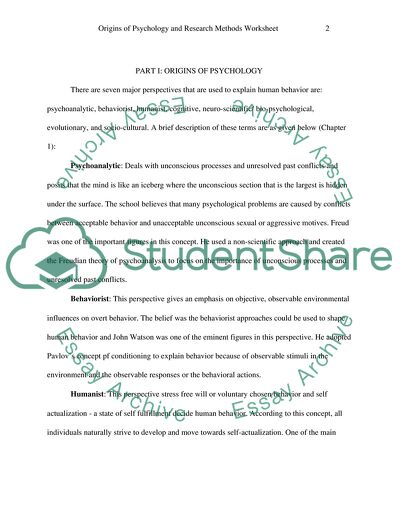 Origins of Psychology and Research Methods Worksheet