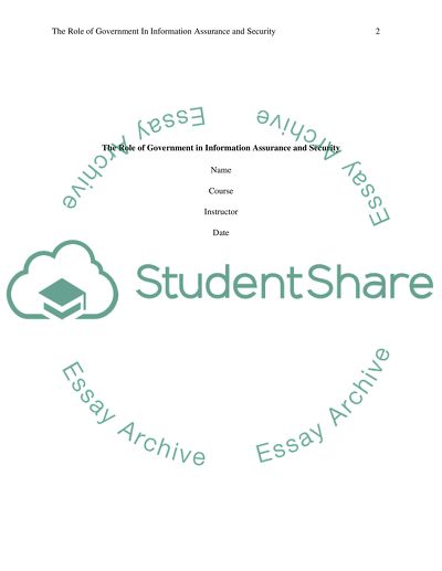 The Role of Government in Information Assurance and Security