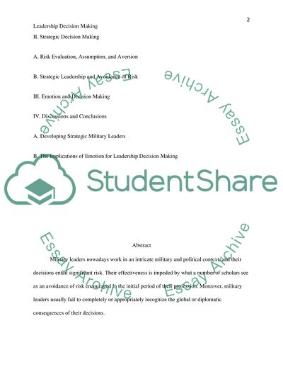 The Effect of Risk Aversion and Emotion on Leadership Decision-Making