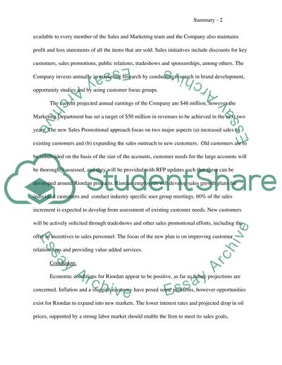 Execitove Summary for Riordan Manufacturing