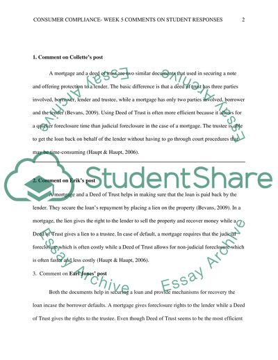 Consumer Compliance- week 5 Discussion Post Responses