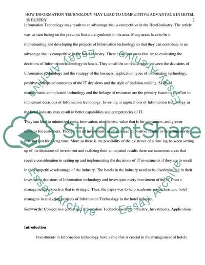 How Information Technology Applications May Lead to Competitive Advantage in Hotel Industry