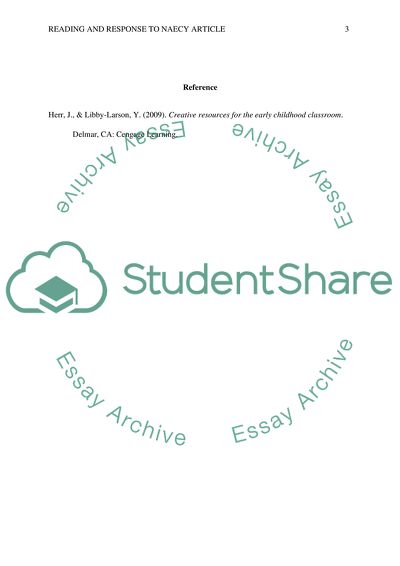 Reading and Response to the Article - Creative Resources for the Early Childhood Classroom by Herr and Libby-Larson