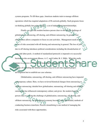 Globalization, Outsourcing, Off-shoring, and Offshore Outsourcing Impact on Culture