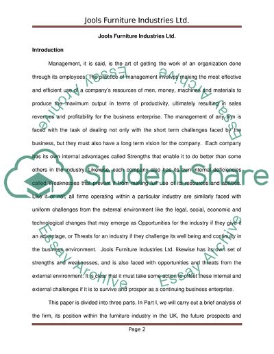 Financial Evaluation of Jools Furniture Industries Ltd