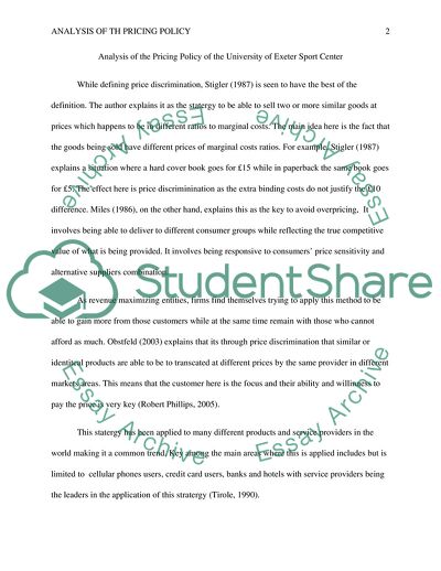 Analysis of the Pricing Policy of the University of Exeter Sport Center