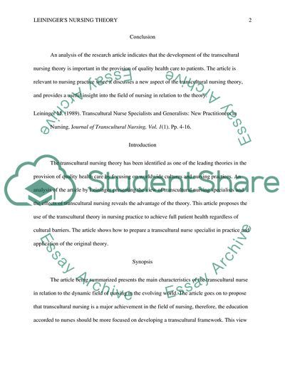 Leiningers nursing theory research article summaries