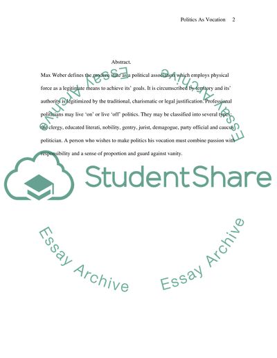 Max Webers Definition of the Modern State and Politics as a Vocation