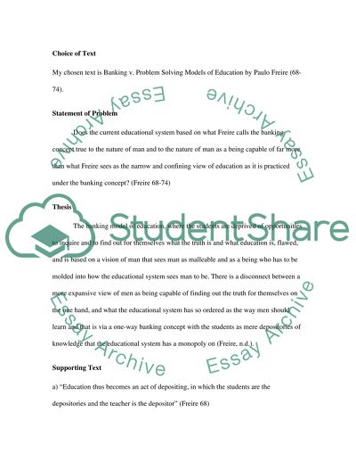 Friere - Banking v. Problem Solving Models of Education