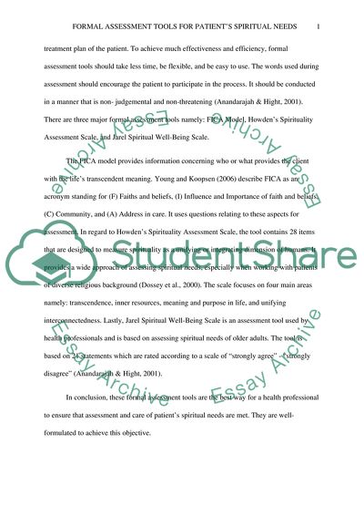 Use of Formal Assessment Tools for Patients Spiritual Needs