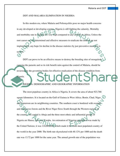 Malaria control and intervention by DDt