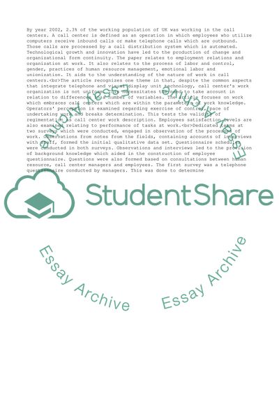 An Assembly Line in the Head: Work and Employee Relations in the Call by Taylor, Bain