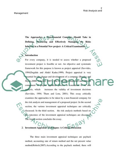 The Approaches a Non-Financial Company Should Take in Managing Risk Inherent in a New Project