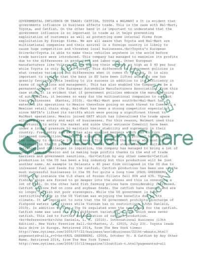 Governmental Influence on Trade: Catfish, Toyota & Walmart